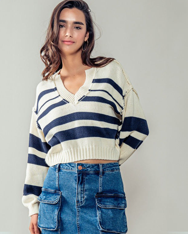 Navy & Ivory Striped Cropped Sweater