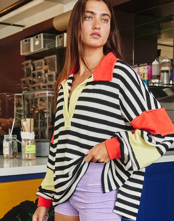 Striped French Terry Oversized V-Neck