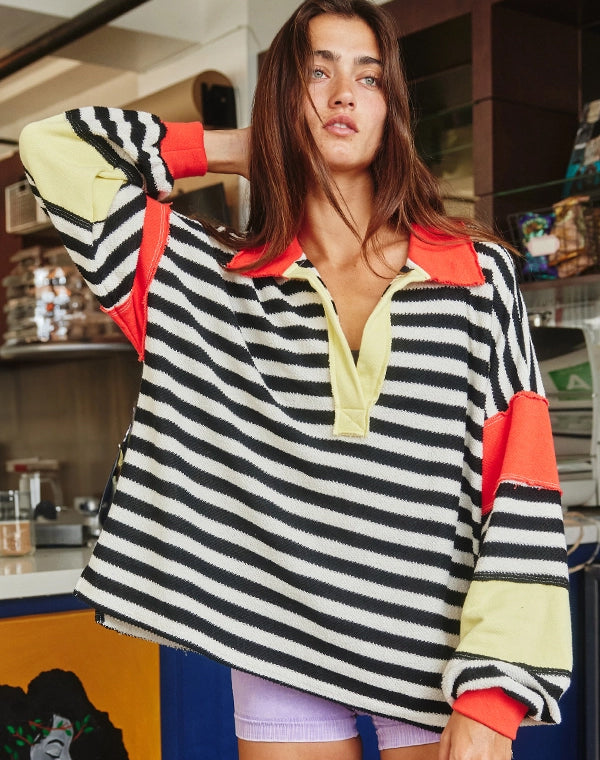 Striped French Terry Oversized V-Neck