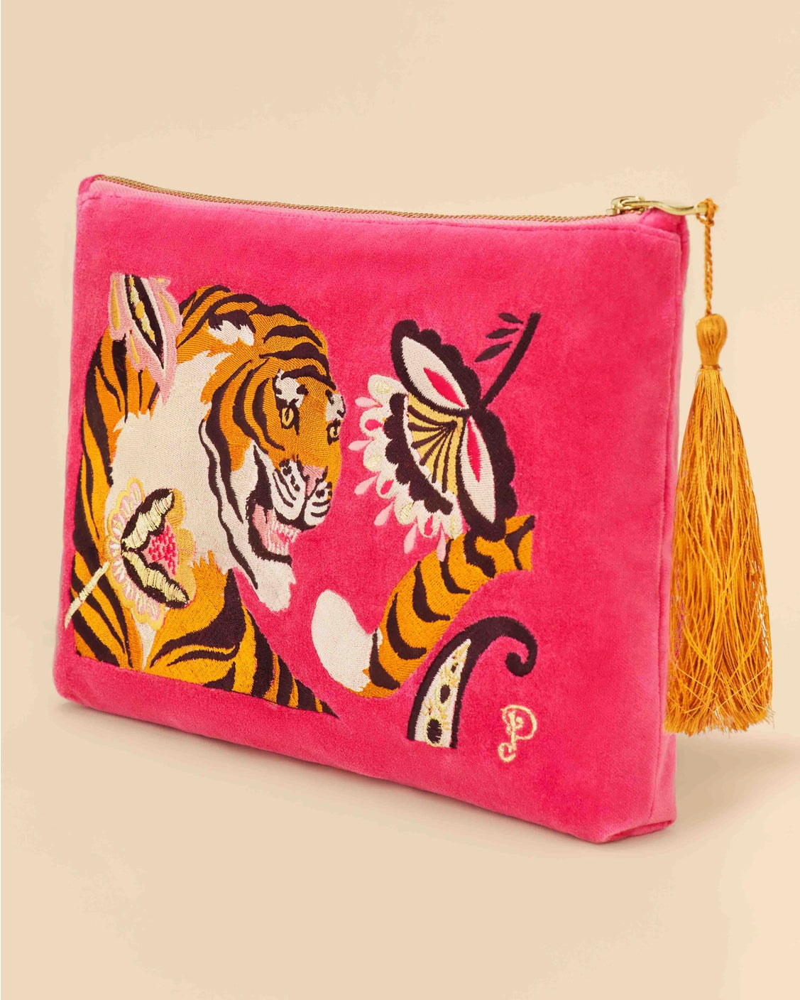 Thrill of the Tiger Embroidered Velvet Zip Pouch