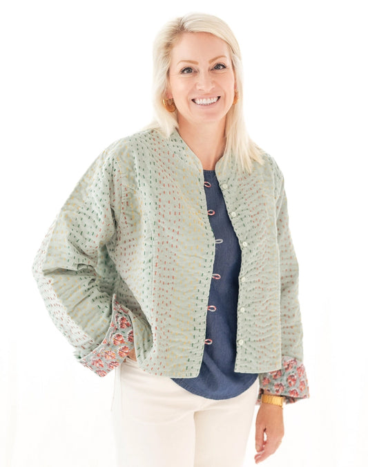 Velvet Mint & Block Print Reversible Kantha Jacket