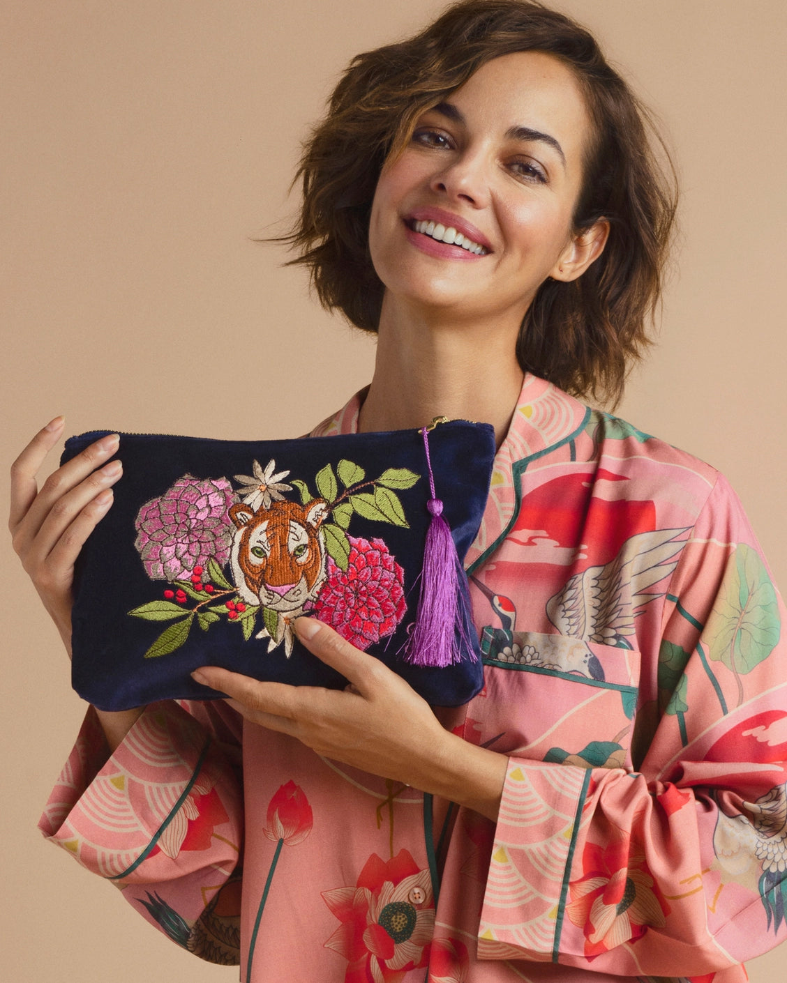 Floral Tiger Face Embroidered Velvet Zip Pouch