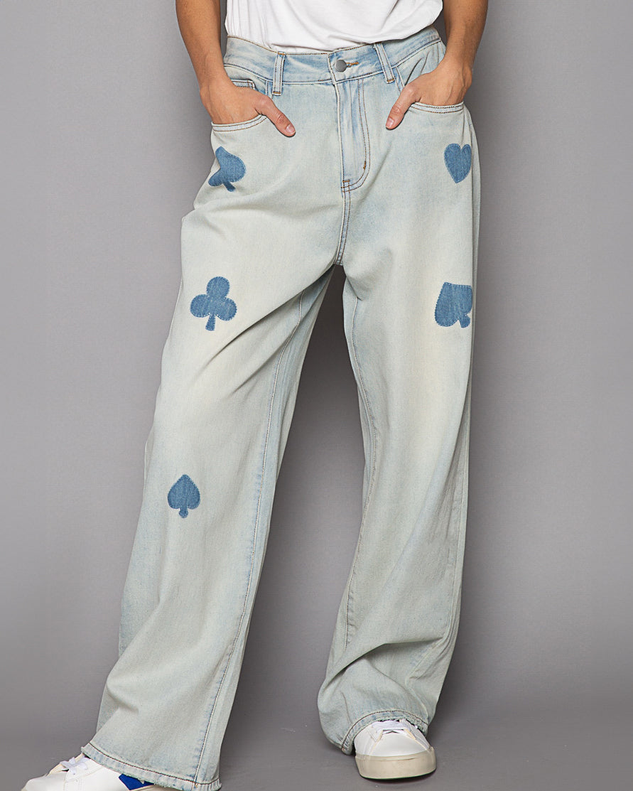 SIZE SMALL Playing Card Bleached Out Wide Jeans