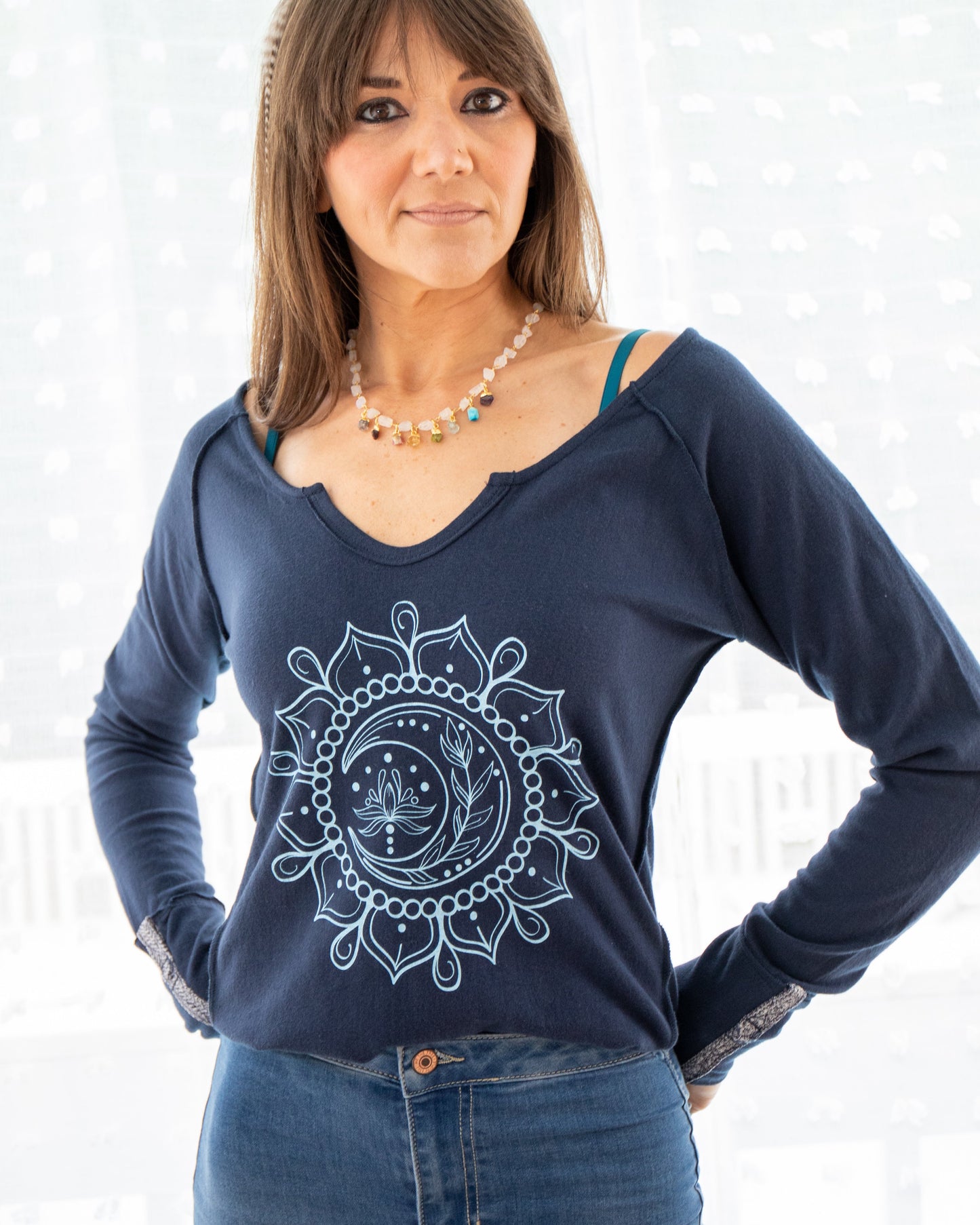 Moon Mandala Navy Cotton V-Neck