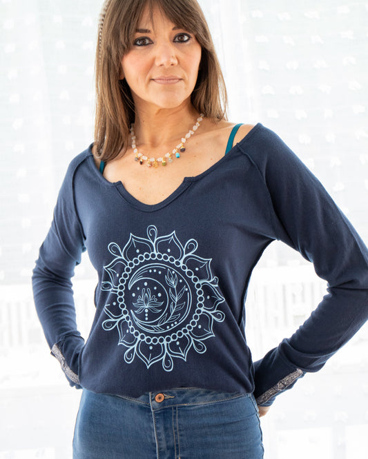 Moon Mandala Navy Cotton V-Neck