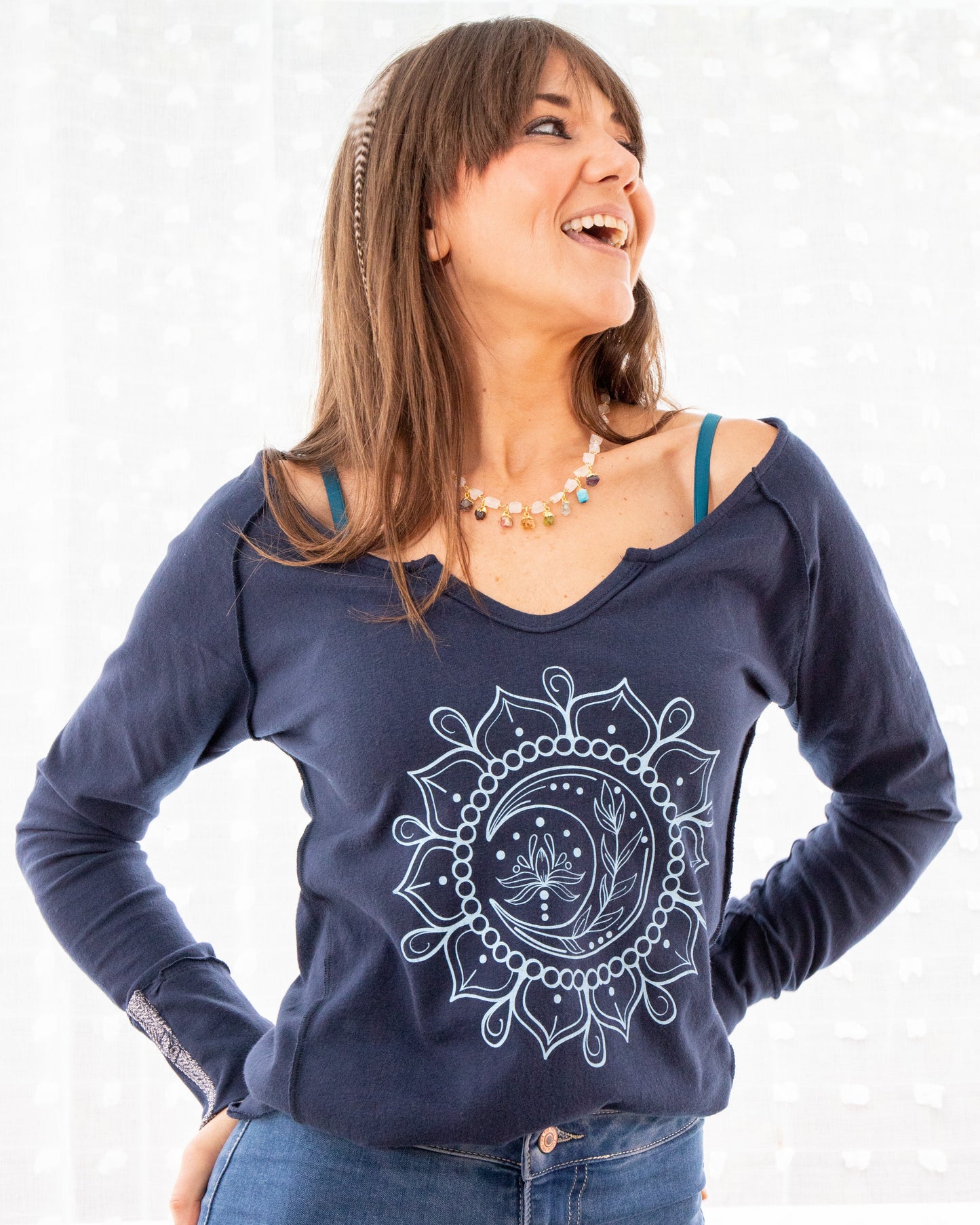 Moon Mandala Navy Cotton V-Neck