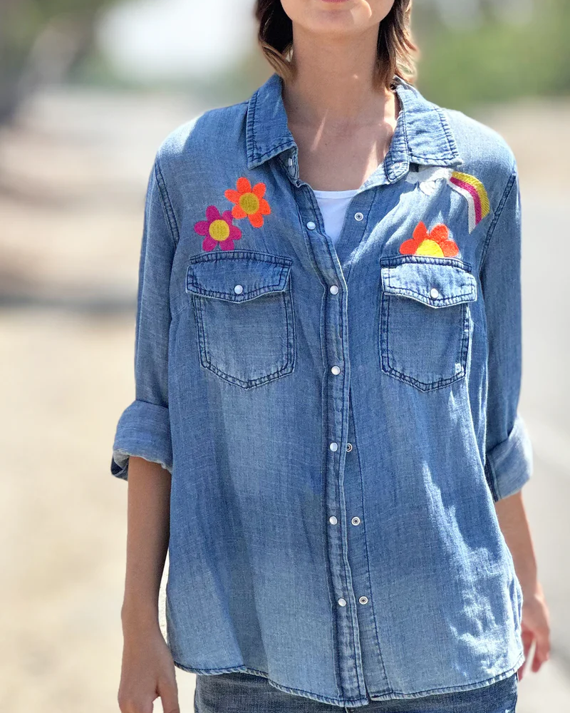 SIZE SMALL Peace & Love Embroidered Denim Shirt