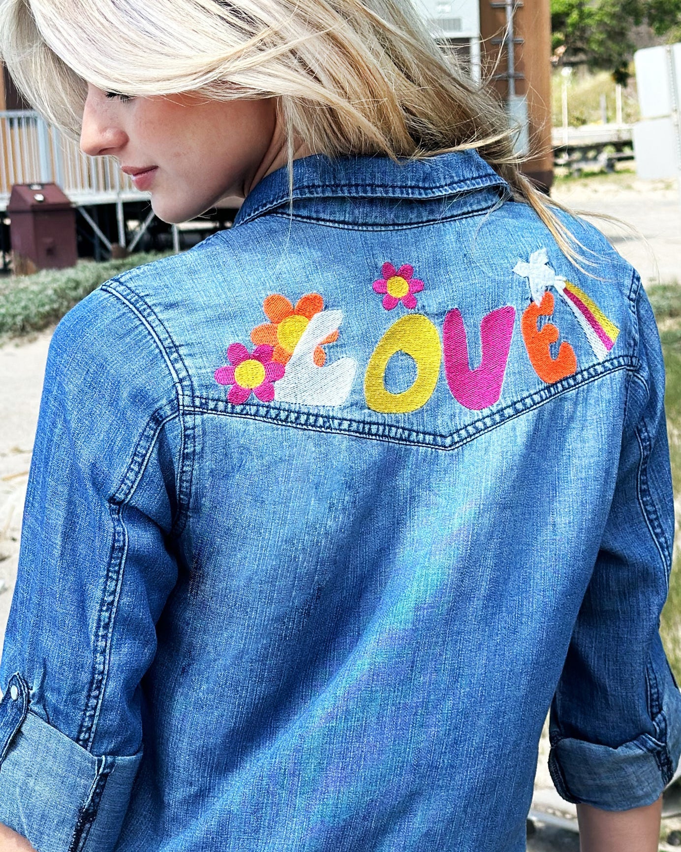 SIZE SMALL Peace & Love Embroidered Denim Shirt