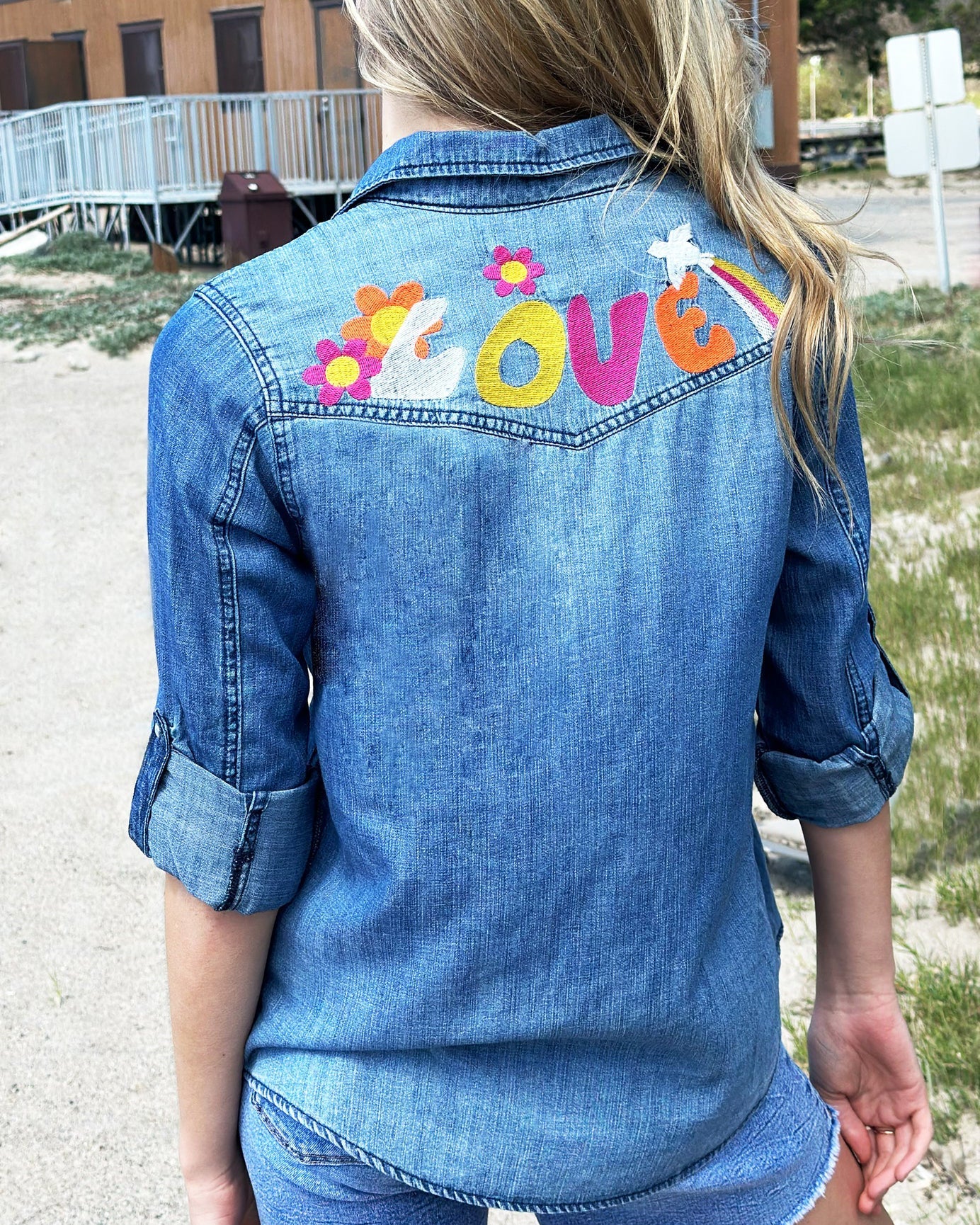 SIZE SMALL Peace & Love Embroidered Denim Shirt