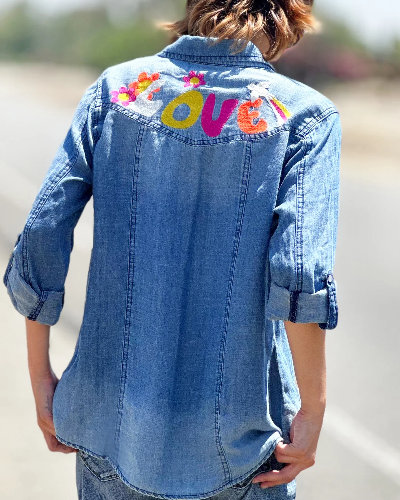 SIZE SMALL Peace & Love Embroidered Denim Shirt