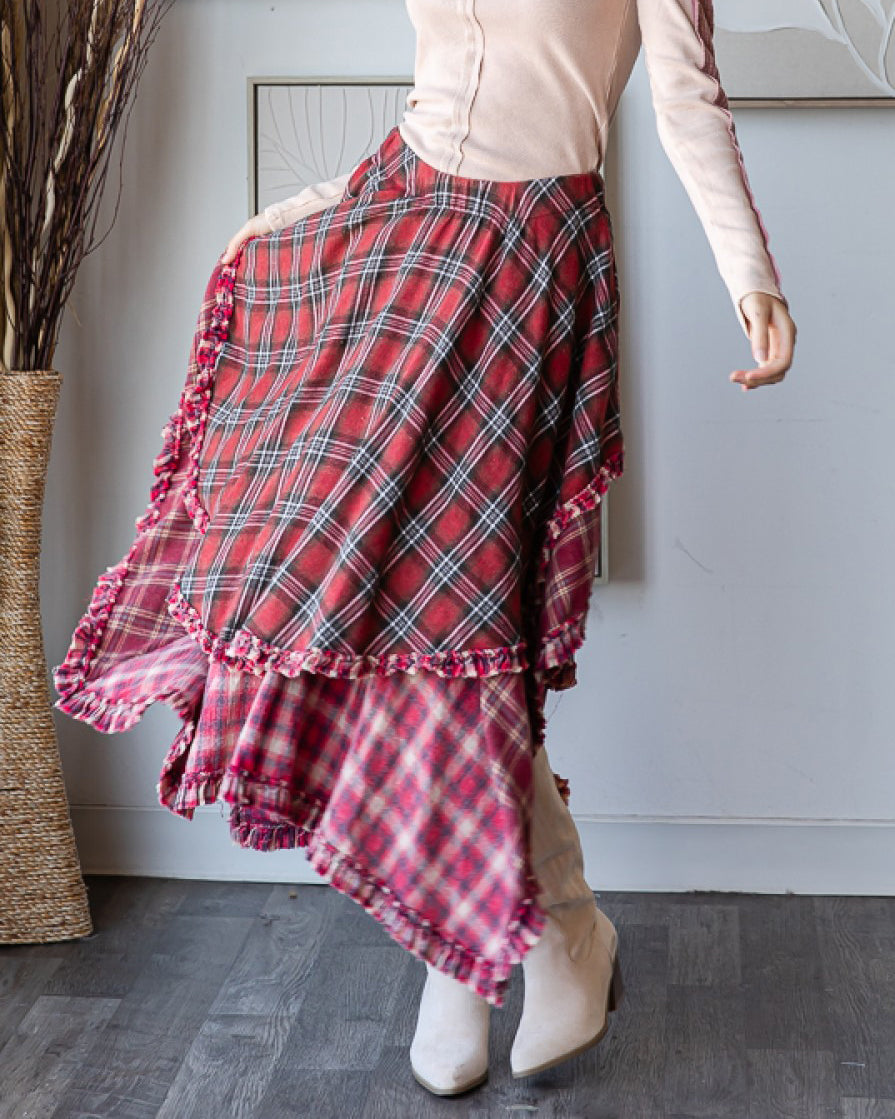 Crimson Plaid Asymmetrical Flannel Skirt