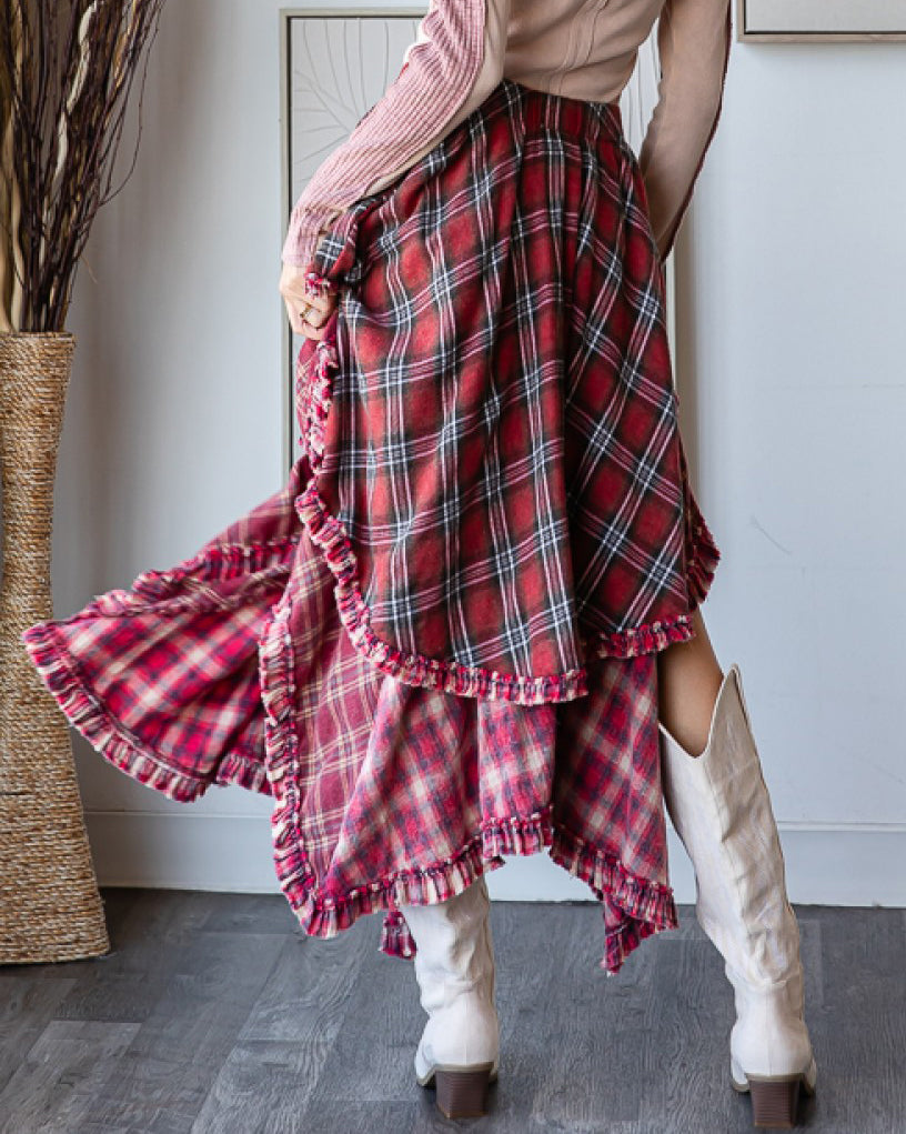 Crimson Plaid Asymmetrical Flannel Skirt